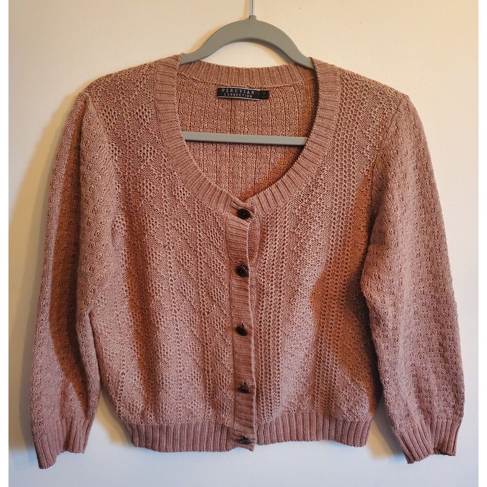 Peruvian Connection Dusty Rose Pima Cotton Pointelle Cropped Cardigan Medium M